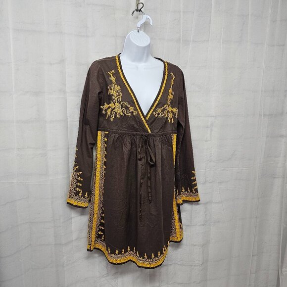 Lucky Brand Brown Mustard Embroidered Boho Dress Peasant Hippie Festival S - Picture 6 of 12